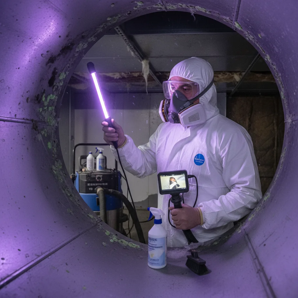 Mold remediation specialist inspecting air ducts after water damage