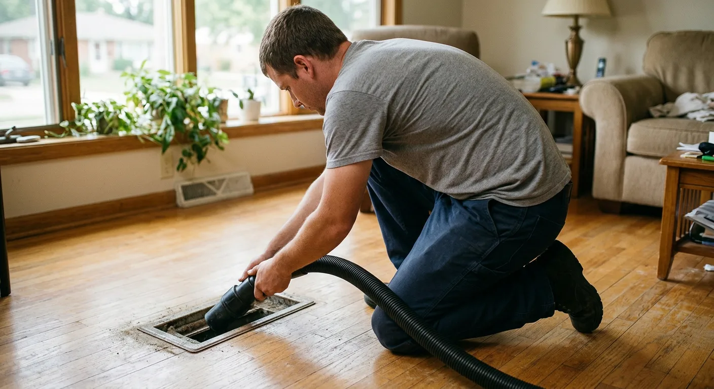 HVAC technician performing professional air duct cleaning on a residential floor vent using a commercial vacuum system