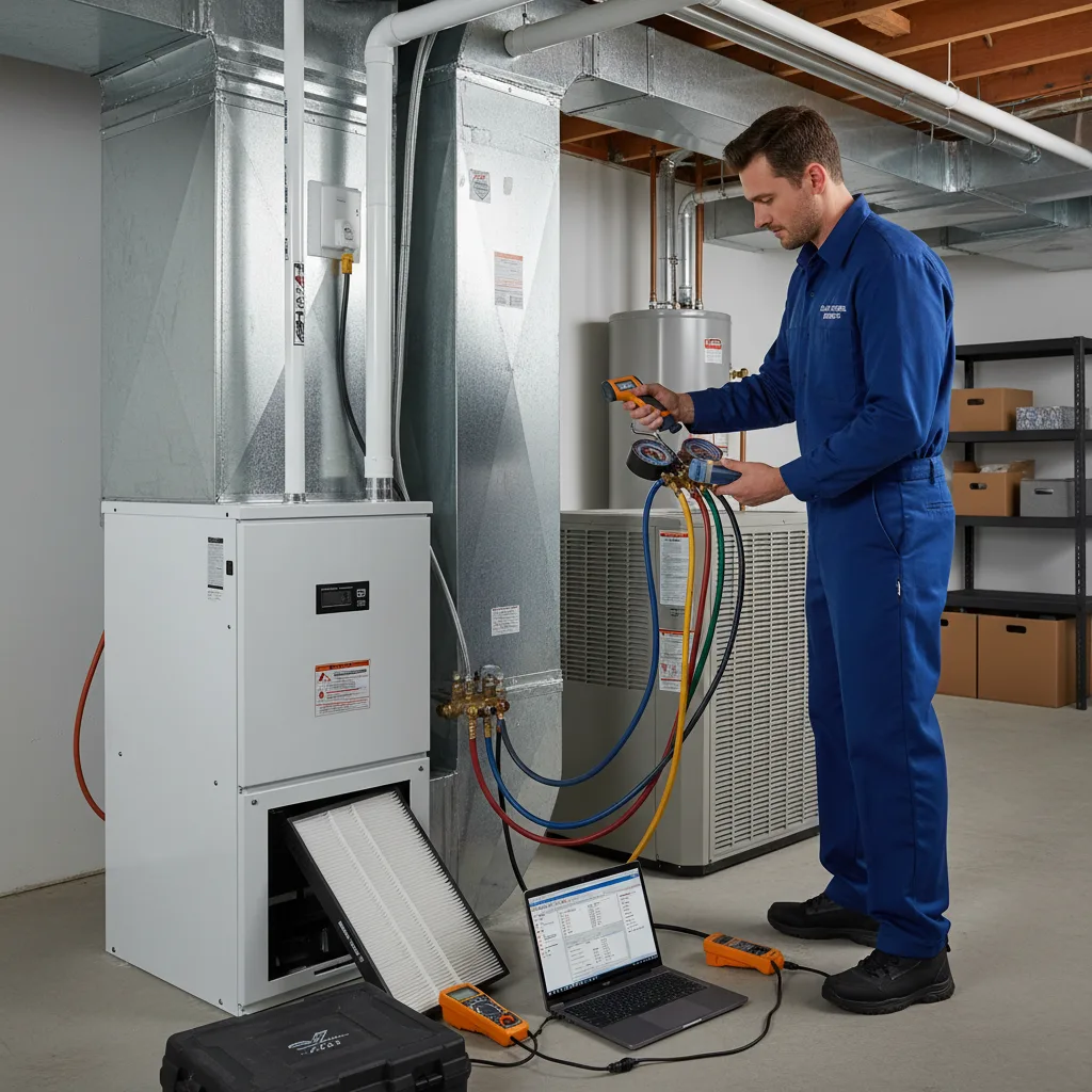 HVAC technician inspecting air duct system during professional inspection